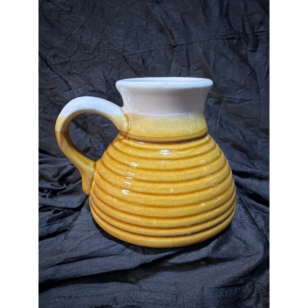 Vintage Yellow Beehive Ribbed Ceramic Pottery Mug Honey Ombre Glaze Stoneware